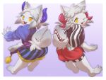 2026 2_horns 4:3 ambiguous_anthro ambiguous_gender anthro biped canid canine canis cheek_tuft chikuwaburo clothed clothed_ambiguous clothed_anthro clothing cute_fangs digital_drawing_(artwork) digital_media_(artwork) duo facial_tuft fangs fully_clothed fully_clothed_ambiguous fully_clothed_anthro fur fur_tuft green_body green_fur head_tuft hi_res horn looking_at_viewer mammal monotone_body monotone_fur one_eye_closed open_mouth pattern_clothing plantigrade purple_horn red_horn shaded sharp_teeth slim slim_ambiguous slim_anthro soft_shading striped_clothing stripes tail tail_mouth teeth three-quarter_view tuft unusual_anatomy unusual_tail wink wolf yellow_eyes