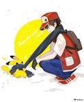  2018 :d artist_name atsumi_jun baseball_cap black_gloves blue_pants blue_scarf brown_eyes brown_hair commentary_request english from_side gen_1_pokemon gloves happy_new_year hat jacket looking_down new_year open_clothes open_jacket open_mouth pants pikachu pokemon pokemon_(creature) pokemon_(game) pokemon_rgby profile red_(pokemon) red_(pokemon_rgby) red_footwear scarf shared_scarf shoes short_sleeves smile snow snowing sparks squatting 