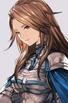  armor bangs blue_cape boobplate breastplate brown_eyes brown_hair cape closed_mouth earrings gauntlets granblue_fantasy grey_background hankuri jewelry katalina_aryze long_hair looking_at_viewer simple_background smile solo upper_body 