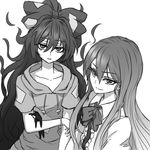  antinomy_of_common_flowers bangle bow bowtie bracelet collarbone commentary_request debt eyebrows_visible_through_hair greyscale hair_between_eyes hair_bow hinanawi_tenshi hood hoodie jewelry looking_at_viewer miata_(miata8674) monochrome multiple_girls no_hat no_headwear parted_lips puffy_short_sleeves puffy_sleeves short_sleeves sidelocks simple_background smile spoilers touhou wavy_hair white_background yorigami_shion 