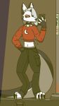 3_toes 4_fingers absurd_res alternative_fashion anthro artians black_bottomwear black_clothing black_pants bottomwear canid canid_demon canine cargo_pants cellphone choker clothing crop_top demon ear_piercing electronics eyelashes eyeliner feet female fingers frown fur grey_body grey_fur grey_hair hair hand_on_hip hellaverse hellhound helluva_boss hi_res holding_cellphone holding_object holding_phone holding_smartphone jewelry long_hair looking_at_object looking_at_phone loona_(helluva_boss) makeup mammal missing_poster mythological_canine mythological_creature mythology necklace notched_ear pants phone piercing red_clothing red_sclera red_shirt red_topwear shirt smartphone solo standing street_lamp tail toes topwear white_body white_fur