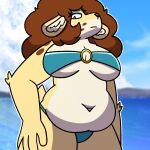 1:1 4_fingers anthro bandeau_bikini beach belly big_breasts bikini blue_sky breasts brown_hair clothing countershade_face countershade_torso countershading darline_(honibnuuy) day deer eyeshadow female fingers hair hi_res honibnuuy low-angle_view makeup mammal navel o-ring_bikini outside sky slightly_chubby solo swimwear teal_bikini teal_clothing teal_eyeshadow teal_swimwear thick_thighs two-piece_swimsuit