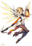  black_footwear blonde_hair blue_eyes bodysuit boots breasts brown_legwear closed_mouth commentary_request full_body hand_up high_heel_boots high_heels highres holding holding_weapon impossible_bodysuit impossible_clothes knee_boots kotatsu_(g-rough) looking_at_viewer mechanical_wings medium_breasts mercy_(overwatch) overwatch pantyhose ponytail purple_pupils simple_background smile solo staff waist_cape weapon white_background white_bodysuit wings 