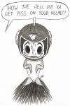 2025 absurd_res anthro aquatic armor arms_bent balls bodily_fluids chicken_little_(2005) circumcised cyprinid cypriniform dialogue disney diving_helmet dripping fish fish_out_of_water genital_fluids genitals goldfish hi_res high-angle_view looking_at_viewer male marker_(artwork) monochrome mouth_closed penis rewopsofunny shadow small_penis smile smiling_at_viewer solo speech_bubble traditional_media_(artwork) urine urine_on_self