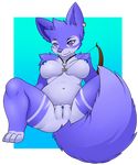  4_toes big_breasts blush bow breasts canine clitoris deerrobin female fluffy fluffy_tail fox fur jewelry mammal navel necklace nipples presenting presenting_pussy purple_eyes purple_fur purple_nipples purple_nose purple_theme pussy smile solo spread_legs spreading toes white_fur 
