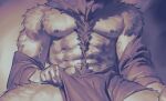 2026 5_fingers abs ambiguous_species anthro biceps bottomwear broad_shoulders brown_background brown_monochrome clothed clothing cropped deltoids digital_drawing_(artwork) digital_media_(artwork) fingers front_view full_version_at_paywall fur holding_bottomwear holding_clothing holding_object kingarthur_i latissimus_dorsi male male_anthro monochrome muscular muscular_anthro muscular_male neck_tuft nipples pecs portrait simple_background solo three-quarter_portrait topless topless_anthro topless_male torso_shot tuft