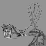  2018 alcohol avian beak beverage bird blush digital_media_(artwork) dolphinwarrior drunk feathered_wings feathers feral hi_res liquor lying monochrome nude open_mouth simple_background smile solo tongue tongue_out wings 