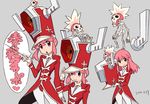  :o bangs closed_mouth contrapposto dress gloves grey_background hair_between_eyes hat helmet highres horned_helmet jakuzure_nonon kill_la_kill leotard long_sleeves looking_at_viewer multiple_views official_art parted_lips peaked_cap pink_eyes pink_hair red_dress red_hat red_leotard salute sidelocks signature simple_background skeleton skull smile standing sushio symphony_regalia white_gloves 