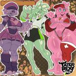 1:1 2026 3_toes 4_fingers abstract_background anthro artist_name big_breasts bikini black_bottomwear black_clothing black_shorts blue_eyes bottomwear breasts clothed clothed_anthro clothed_female clothed_male clothing colored digital_media_(artwork) ditto_(pokemon) eyebrow_through_hair eyebrows feet female femboy fingers front_view full-length_portrait generation_1_pokemon generation_5_pokemon gesture goo_creature green_body green_eyes grey_clothing grey_shirt grey_topwear group hair hand_gesture happy hat headgear headwear hi_res huge_breasts humanoid_hands leg_warmers legwear lifeguard looking_at_viewer male markings midriff muk navel nintendo one_eye_closed open_mouth open_smile outline pokemon pokemon_(species) portrait pose purple_bottomwear purple_clothing purple_eyes purple_leg_warmers purple_legwear purple_skirt red_bikini red_clothing red_swimwear reuniclus shirt shorts skimpy skirt small_waist smile spots spotted_markings standing swimwear swiss_flag_as_red_cross tattoorexy text toes tongue tongue_out topwear translucent translucent_hair trio two-piece_swimsuit v_sign white_outline wide_hips
