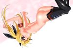  armband armpits ass back black_legwear black_thighhighs blonde_hair blush breasts fate_testarossa female flat_chest gradient gradient_background hair_ribbon long_hair looking_back lyrical_nanoha mahou_shoujo_lyrical_nanoha mahou_shoujo_lyrical_nanoha_a&#039;s naked_thighhighs nipples nude nurumu partial_nude photoshop red_eyes ribbon sideboob solo thighhighs twintails 