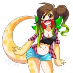  anthro big_breasts bra breasts brown_hair cleavage clothed clothing female flannel green_hair hair hamster_(hamsteroftime) hamsteroftime looking_at_viewer midriff multicolored_hair navel non-mammal_breasts open_mouth quetzalcoatl red_eyes reptile scalie simple_background smile solo teeth two_tone_hair underwear white_background 