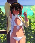  absurdres ass_visible_through_thighs bikini black_hair blush breasts brown_eyes front-tie_top hair_ribbon highres horizon jacket juz kimi_no_na_wa leaf looking_at_viewer miyamizu_mitsuha mouth_hold red_ribbon ribbon short_hair side-tie_bikini small_breasts solo swimsuit thigh_gap v white_bikini yellow_jacket 