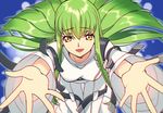  :d bangs blue_background blurry blush breasts c.c. code_geass creayus depth_of_field eyebrows_visible_through_hair foreshortening green_hair hair_between_eyes long_hair long_sleeves looking_at_viewer medium_breasts open_mouth outstretched_arms palms reaching_out robe shiny shiny_hair smile solo spread_fingers straight_hair thigh_gap tsurime very_long_hair wide_sleeves yellow_eyes 