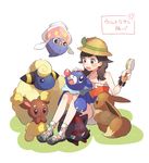  :d bare_arms bare_shoulders black_eyes black_hair blue_eyes blush braid brown_eyes brown_hat buneary comb eevee floating full_body gen_1_pokemon gen_2_pokemon gen_4_pokemon gen_5_pokemon gen_6_pokemon gen_7_pokemon green_ribbon hat hat_ribbon highres holding inkay knees_up long_hair mareep mizuki_(pokemon) no_socks on_grass open_mouth orange_shirt petting pokemon pokemon_(creature) pokemon_(game) pokemon_usum popplio ribbon shirt shoes shorts simple_background sitting sleeveless sleeveless_shirt smile sun_hat translation_request twin_braids unapoppo white_background white_shorts wristband zorua 