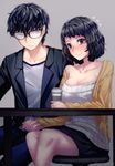  1girl :&gt; amamiya_ren black_hair blush breasts cleavage coffee_cup collarbone cup disposable_cup flying_sweatdrops holding_hands kawakami_sadayo medium_breasts off_shoulder persona persona_5 short_hair sitting skirt table yaoto 