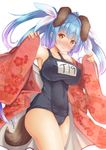  animal_ears blue_hair breasts dog_ears dog_tail hair_ribbon happy_new_year i-19_(kantai_collection) japanese_clothes kantai_collection kemonomimi_mode kimono kimono_removed large_breasts long_hair name_tag new_year one-piece_swimsuit red_eyes ribbon school_swimsuit simple_background solo star star-shaped_pupils swimsuit swimsuit_under_clothes symbol-shaped_pupils tail text_focus toine_hoko tri_tails undressing white_background 