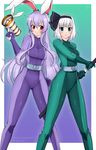  alina_pegova animal_ears aqua_eyes bodysuit breasts bunny_ears crossover katana konpaku_youmu latex looking_at_viewer lunatic_gun megaphone multiple_girls purple_hair red_eyes reisen_udongein_inaba sheath skin_tight small_breasts smile sword totally_spies touhou triangular_headpiece unsheathing watermark weapon web_address white_hair 