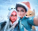  1girl 2017 animal artist_self-insert black_hair blue_eyes commentary earmuffs facial_mark forehead_mark fox gloves hair_bun hat lips long_hair making_of nima_(ross_tran) nose original reaching_out real_life red_skin ross_tran santa_hat self_shot smile snow v white_gloves winter 