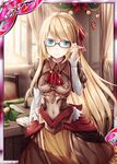  akkijin bell blonde_hair blue_eyes breasts brown_dress card_(medium) christmas christmas_ornaments desk dress elf garland_(decoration) glasses hand_on_eyewear long_hair looking_at_viewer medium_breasts official_art open_window outside_border pointy_ears shinkai_no_valkyrie smile solo sunlight window 