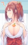  :o ? bangs banned_artist bell blush breasts brown_eyes brown_hair cleavage eyebrows_visible_through_hair food fruit hair_bell hair_ornament hakama hands_on_own_chest indoors japanese_clothes jingle_bell kagami_mochi kimono large_breasts long_sleeves looking_to_the_side mana_kakkowarai mandarin_orange miko open_mouth oppai_mochi original red_hakama red_ribbon ribbon ribbon-trimmed_sleeves ribbon_trim shiny shiny_hair shiny_skin short_hair solo tareme upper_body watermark web_address white_kimono wide_sleeves 