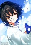  :o absurdres black_hair blue_sky cloud cloudy_sky collared_shirt day dutch_angle eyebrows_visible_through_hair from_side highres long_sleeves looking_at_viewer looking_to_the_side non-web_source ogino_atsuki original outdoors parted_lips purple_eyes scan shirt short_hair sky solo tears upper_body water_drop white_shirt wing_collar 