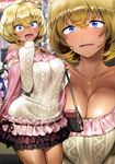  1girl absurdres aran_sweater bag blonde_hair blue_eyes blush breasts brown_hair cleavage dark_skin fangs handbag highres jewelry large_breasts looking_to_the_side necklace non-web_source ogino_atsuki open_mouth original projected_inset scan shawl short_hair skirt strap sweater 