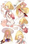  1girl :d ^_^ ^o^ arm_up backpack bag bangs bare_arms bare_shoulders blonde_hair blunt_bangs blush braid clefairy clenched_hand closed_eyes cosmog dress facing_viewer from_side gen_1_pokemon gen_7_pokemon green_eyes hat highres legendary_pokemon lillie_(pokemon) long_hair looking_at_viewer looking_to_the_side motion_lines open_mouth outstretched_arm pleated_skirt pokemon pokemon_(creature) pokemon_(game) pokemon_sm ponytail profile round_teeth shirt shoulder_bag sideways_glance simple_background sitting skirt sleeping sleeping_upright sleeveless sleeveless_dress smile straight_hair sun_hat sundress tareme teeth translation_request twin_braids unapoppo white_background white_dress white_shirt white_skirt zzz 
