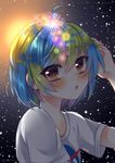  :o absurdres aerial_fireworks ahoge artist_name bad_id bad_pixiv_id blue_hair blush brown_eyes chipsy_kura_chan commentary earth-chan eyebrows_visible_through_hair facebook_username fireworks green_hair hand_on_own_head hand_up highres looking_at_viewer multicolored_hair nasa_logo new_year original personification portrait shirt short_hair short_sleeves signature sky solo space star_(sky) starry_sky sun sunlight two-tone_hair watermark web_address white_shirt 