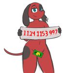  blue_eyes canine cherry_(animal_crossing) convenient_censorship cute dog female fur half-closed_eyes leaf looking_at_viewer mammal maypul_syrup money phone_number purple_nose red_fur smile solo spots teasing thin_tail 