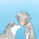  animal_ears bandaged_arm bandages blush child closed_eyes closed_mouth fang grey_hoodie kiss male_focus nose_kiss original shorts silver_hair touyama_(t3yama2) wolf wolf_ears 