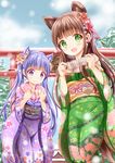  &gt;:) :d animal_ears bangs blunt_bangs blush brown_hair closed_mouth commentary_request crossover day dog_ears eyebrows_visible_through_hair flat_chest floral_print flower fur-trimmed_kimono fur_trim gochuumon_wa_usagi_desu_ka? green_eyes green_kimono hair_ornament highres holding japanese_clothes kemonomimi_mode kimono lavender_eyes lavender_hair long_hair long_sleeves looking_at_viewer multiple_girls new_game! new_year obi open_mouth outdoors paper print_kimono print_obi purple_kimono sash smile snow standing suzukaze_aoba torii twintails ujimatsu_chiya v-shaped_eyebrows wide_sleeves zenon_(for_achieve) 