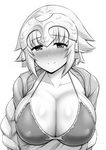  bikini blush braid breast_hold breasts cleavage collarbone crossed_arms fate/apocrypha fate/grand_order fate_(series) greyscale headpiece highres huge_breasts jeanne_d'arc_(fate) jeanne_d'arc_(fate)_(all) kanno_takanori long_braid long_hair looking_at_viewer monochrome nose_blush simple_background single_braid smile solo swimsuit white_background 