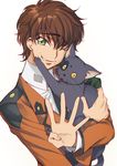  arthur_(code_geass) bangs brown_hair cat code_geass collared_shirt creayus eyebrows_visible_through_hair green_eyes head_tilt holding holding_cat jacket kururugi_suzaku long_sleeves looking_at_viewer male_focus one_eye_closed open_hand orange_jacket shirt simple_background smile solo standing sweat tears white_background white_shirt 