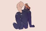  2017 anthro ball_gag canine clothing digital_drawing_(artwork) digital_media_(artwork) dog fur gag gagged looking_back male mammal pawpadpup raised_tail rubber simple_background skinsuit solo sweat tight_clothing 