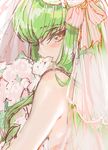  bangs bare_shoulders blush bouquet bridal_veil c.c. code_geass creayus flower green_hair long_hair looking_at_viewer solo veil yellow_eyes 