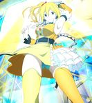  1girl armpits belt blue_panties bow chains closed_mouth dress frilled_dress frills full_body highres holding_microphone kagerou_project kisaragi_momo legs looking_at_viewer microphone mismatched_legwear orange_hair orange_legwear panties pointing pointing_at_viewer red_eyes short_hair side_ponytail smile 