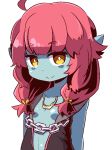  1girl bangs black_jacket blue_skin breasts brown_eyes chains closed_mouth collarbone eyebrows_visible_through_hair jacket jaw long_hair looking_at_viewer naga_u open_clothes open_jacket pointy_ears red_hair riri_(sekaiju) sekaiju_no_meikyuu sekaiju_no_meikyuu_5 simple_background small_breasts smile solo stitches upper_body white_background 