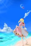  beach blonde_hair blue_eyes chrono_cross cloud commentary_request day dress feet gloves highres ichimatsu_nana kid_(chrono_cross) long_hair looking_at_viewer moon ocean skirt skirt_hold sky smile soles solo 