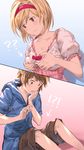  1boy 1girl ?? blonde_hair blush breasts brown_eyes brown_hair cleavage collarbone commentary_request djeeta_(granblue_fantasy) gran_(granblue_fantasy) granblue_fantasy hairband highres hood implied_erection kimi_no_na_wa medium_breasts milli_little parody personality_switch pink_hairband self_fondle short_hair twitter_username 