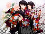  1girl amamiya_ren arm_around_shoulder black_hair blush branch carrying choko_(cup) commentary_request cup glasses haori highres japanese_clothes kawakami_sadayo kimono looking_at_another persona persona_5 petals princess_carry short_hair smile yaoto 