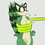  anthro black_nose blush breasts female ferret fluffy fluffy_tail fur green_fur hybrid mammal maypul maypul_syrup mustelid nipples nude procyonid raccoon restrained rivals_of_aether solo surprise video_games white_fur 