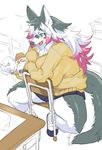  anthro big_breasts blush breasts canine chair classroom clothed clothing eating female hair kemono mammal multicolored_hair school skirt smile solo sweater_puppies unknown_artist wolf 