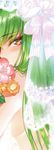  bangs bare_shoulders blush bouquet bridal_veil c.c. code_geass creayus eyebrows_visible_through_hair flower from_side green_hair long_hair looking_at_viewer looking_to_the_side pink_flower profile ribbon see-through shiny shiny_hair sideways_glance solo straight_hair tsurime upper_body veil white_ribbon yellow_eyes 