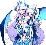  blue_eyes blue_wings blush claws commentary_request demon_girl demon_wings diabla_(elsword) dual_persona elsword facial_mark horns hug hug_from_behind ishtar_(elsword) korean long_hair luciela_r._sourcream mellchi multiple_girls pointy_ears selfcest skirt surprised white_background white_hair wings yuri 