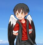  angel_wings black_hair black_hoodie black_shorts child eyebrows_visible_through_hair hood hood_down hoodie male_focus open_mouth original red_shirt shirt shorts sleeveless sleeveless_hoodie smile solo touyama_(t3yama2) wings yellow_eyes 