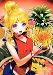  :d absurdres basket black_choker blonde_hair blue_skirt blush breast_pocket choker container crate eyebrows_visible_through_hair food freckles fruit highres holding holding_food holding_fruit in_food looking_at_viewer navel non-web_source ogino_atsuki open_mouth original pineapple pocket purple_eyes red_vest scan sidelocks skirt smile solo suspender_skirt suspenders urn vest watch wristwatch 