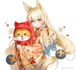  alternate_costume animal_ears bangs blonde_hair blue_eyes blush breasts commentary_request crossed_bangs daruma_doll eyebrows_visible_through_hair eyes_visible_through_hair floating_hair flower fox_ears g41_(girls_frontline) girls_frontline hair_between_eyes heterochromia holding hug japanese_clothes kimono korean_commentary long_hair long_sleeves looking_at_viewer low_twintails marmoset_(marmoset0) obi open_mouth paw_print_pattern red_eyes sash simple_background small_breasts smile solo twintails twitter_username very_long_hair white_background wide_sleeves 