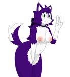  anthro areola big_breasts black_nose breasts canine chest_tuft collar female fluffy fluffy_tail fur green_eyes hair hand_over_crotch happy looking_at_viewer mammal maypul_syrup nipples peace_sign_(disambiguation) purple_fur purple_hair raised_tail simple_background smile tuft white_background white_fur 