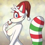  areola black_nose blue_eyes breasts candy candy_cane canine christmas cute erect_nipples eyelashes female festive fluffy fluffy_tail food fur green_fur hat holidays looking_at_viewer mammal maypul_syrup nipples procyonid raccoon red_fur saliva santa_hat striped_tail stripes white_fur 