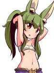  1girl :o adjusting_hair animal_ear_fluff animal_ears armpits arms_up bandeau bangs bare_arms bare_shoulders blush brown_eyes bunny_ears collarbone eyebrows_visible_through_hair green_hair hair_between_eyes head_tilt high_ponytail masurao_(sekaiju) midriff naga_u navel parted_lips ponytail sekaiju_no_meikyuu sekaiju_no_meikyuu_5 sidelocks simple_background solo thick_eyebrows white_background white_bandeau 